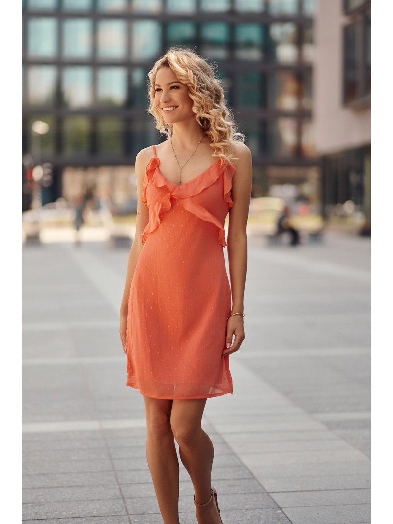 Charming coral dress with ruffles PR32120 - Online store - Boutique